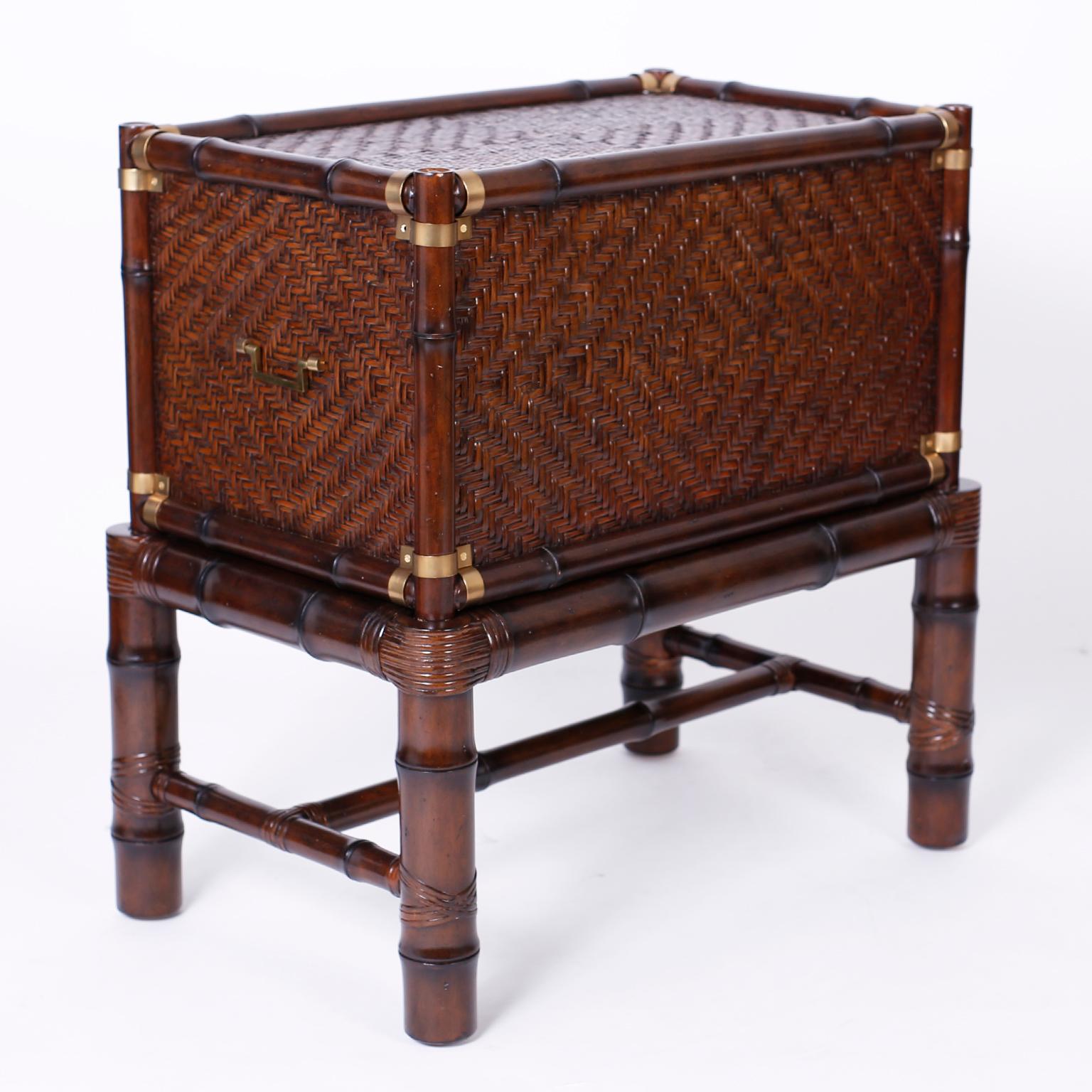 20th Century Pair of Faux Bamboo and Rattan British Colonial Chests on Stands or Tables