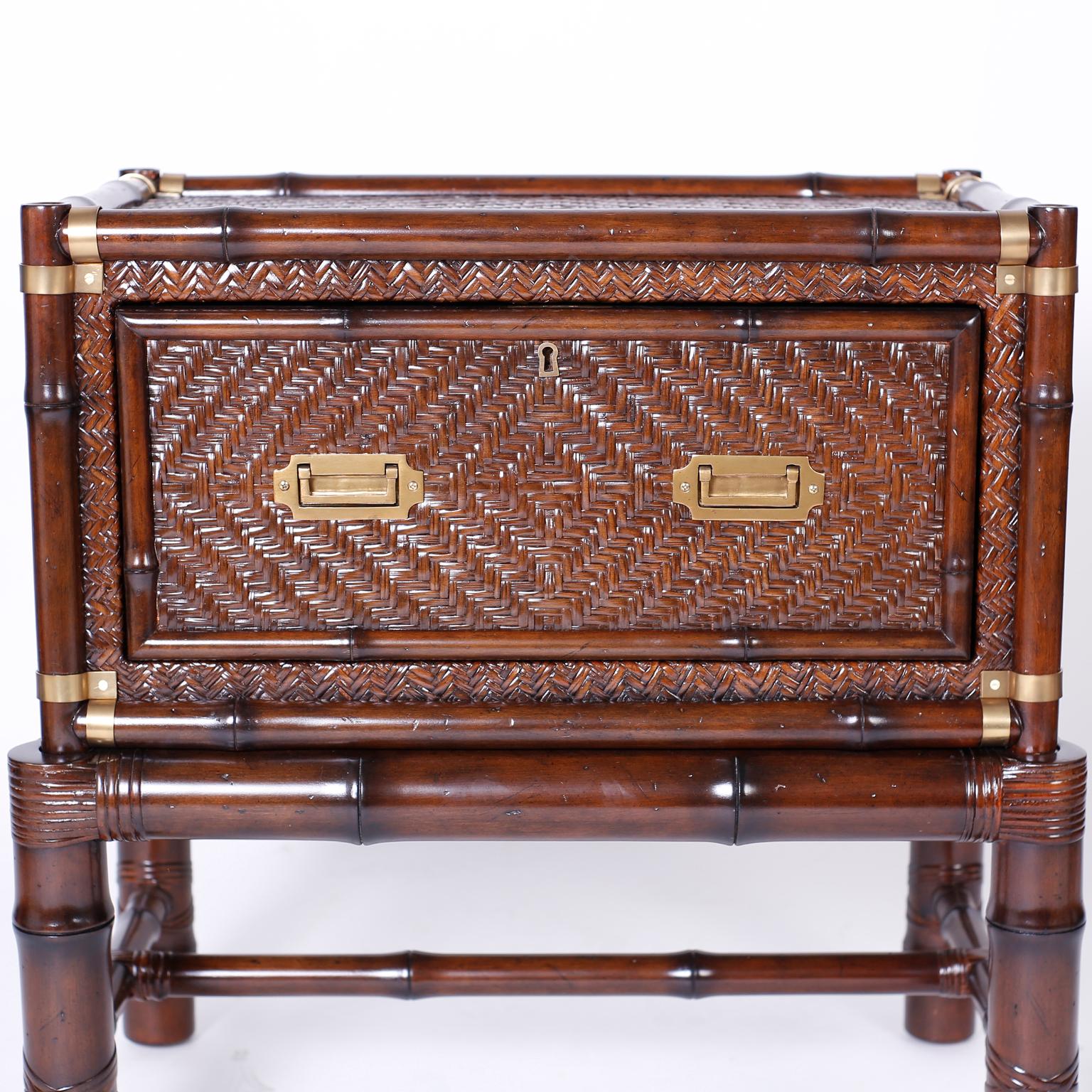 Pair of Faux Bamboo and Rattan British Colonial Chests on Stands or Tables 3