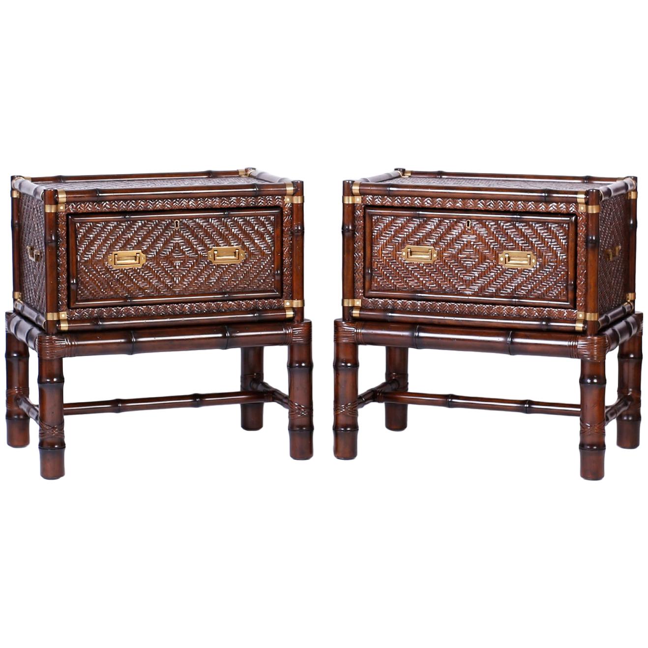 Pair of Faux Bamboo and Rattan British Colonial Chests on Stands or Tables