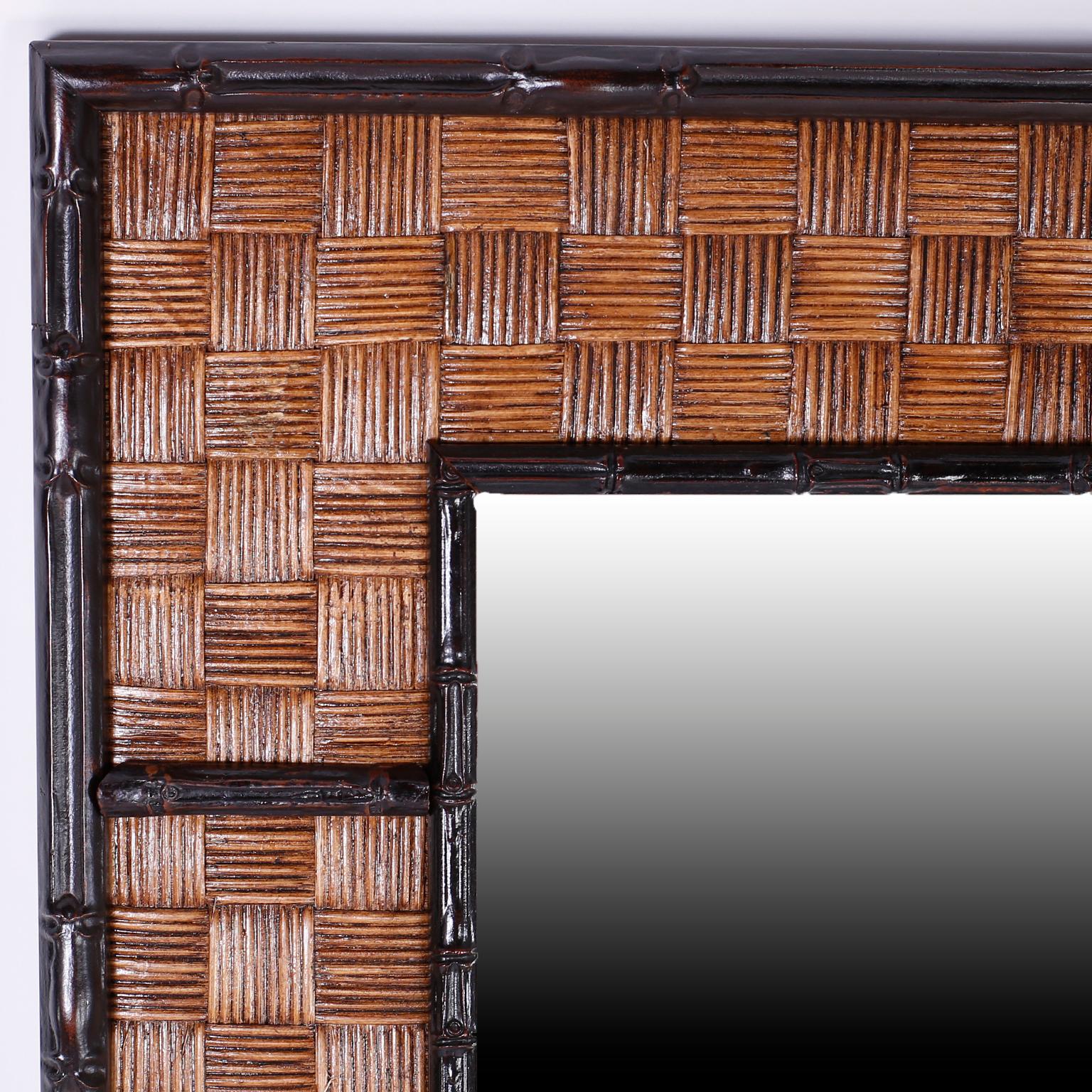 British Colonial Pair of Faux Bamboo and Wicker Mirrors