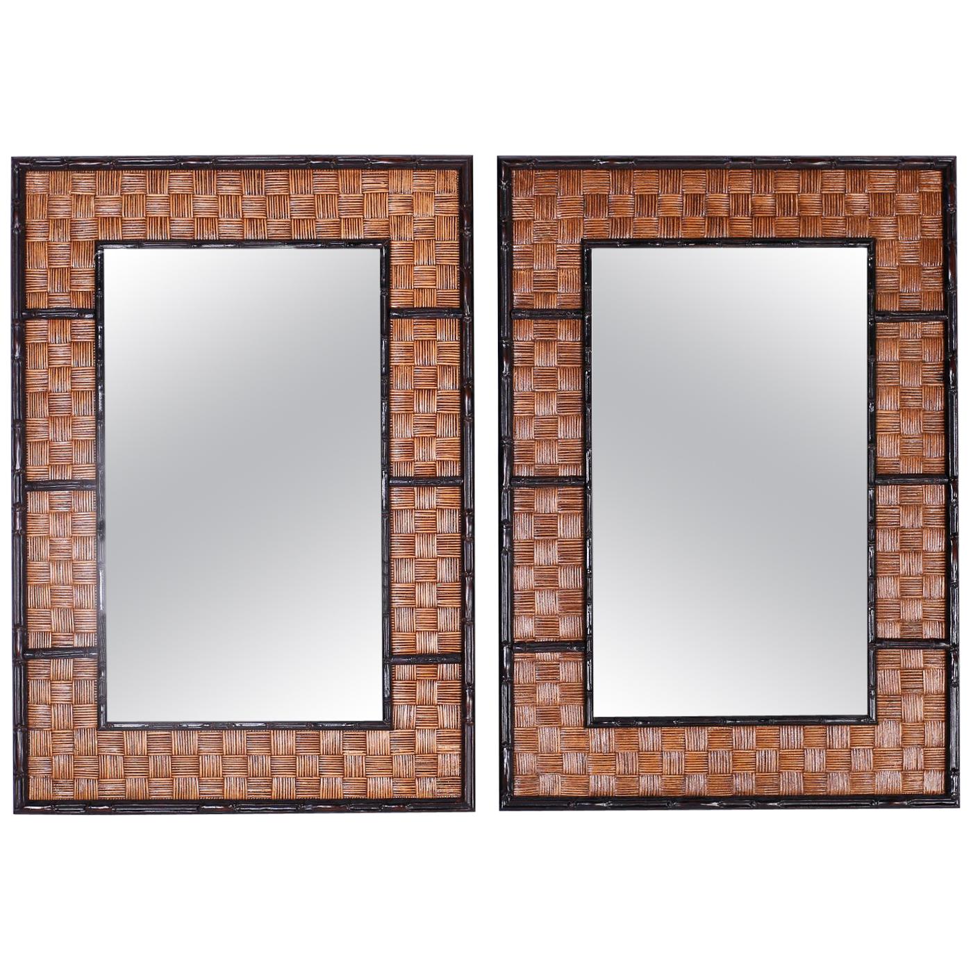 Pair of Faux Bamboo and Wicker Mirrors