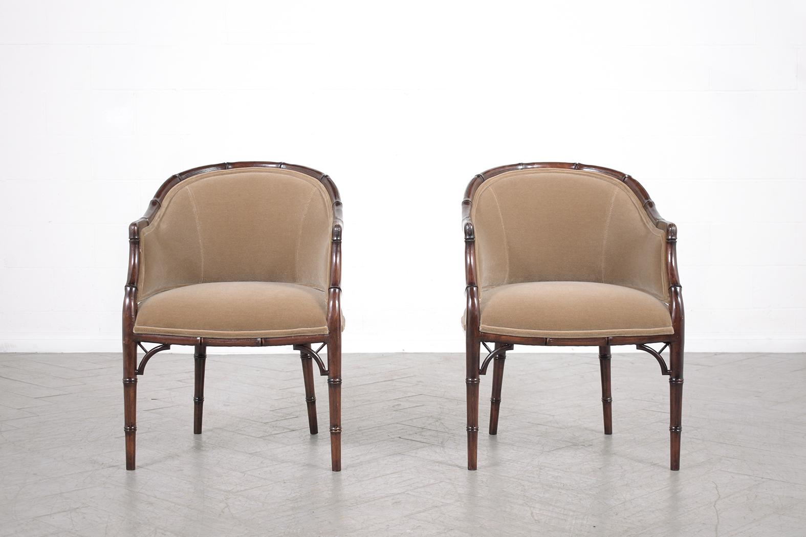 Dive deep into vintage luxury with our remarkable pair of Hollywood Regency armchairs, brilliantly echoing the glamour and opulence of the golden age of Hollywood. Meticulously hand-crafted out of solid wood, these chairs have not only stood the