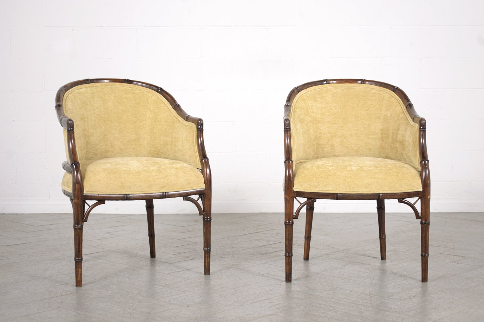 American Vintage Hollywood Regency Velvet Armchairs with Bamboo-Carved Frame For Sale
