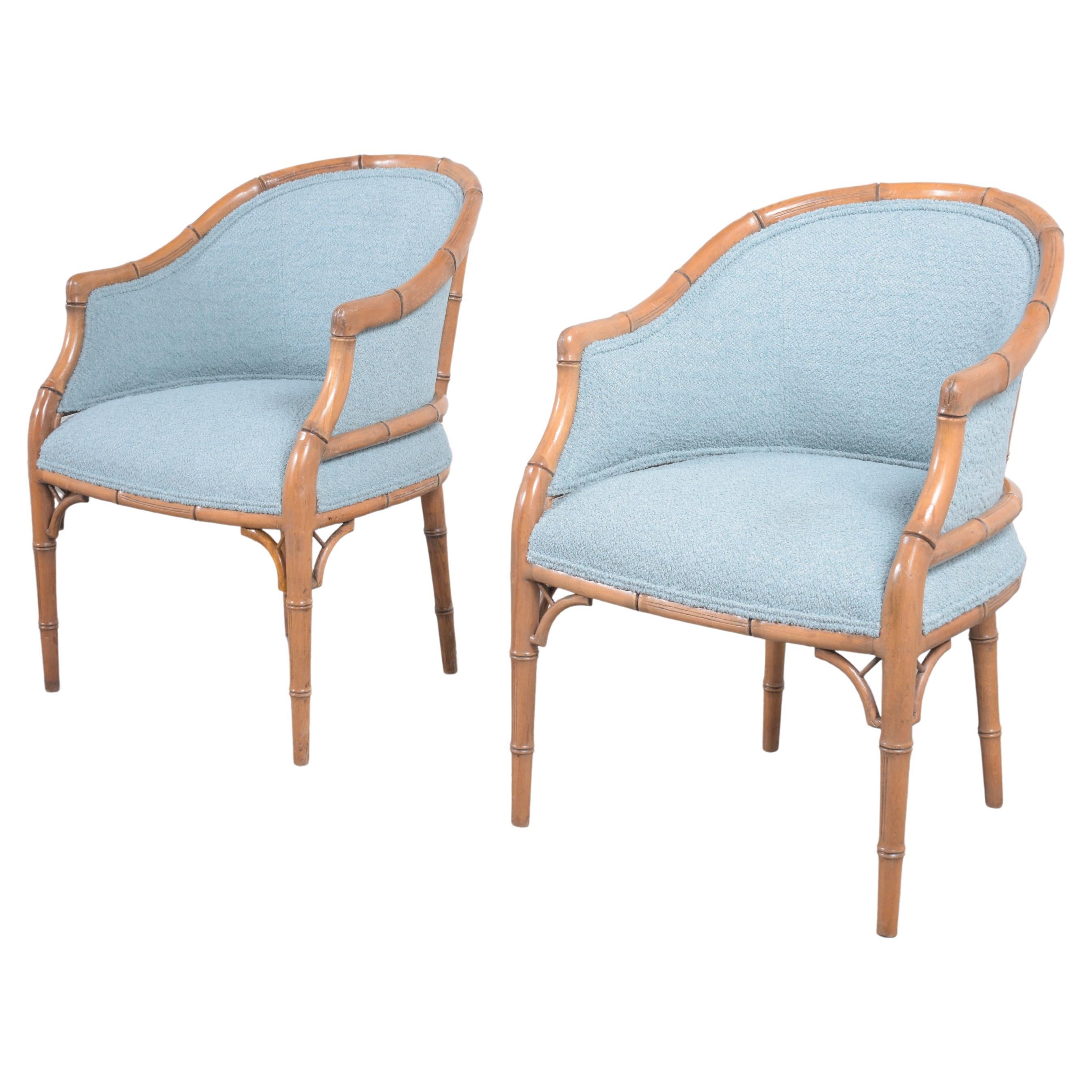 An extraordinary pair of vintage Hollywood Regency armchairs handcrafted out of wood in great condition has been completely restored upholstered and refinished by our professional expert craftsman team in-house. This lovely pair of lounge chairs are