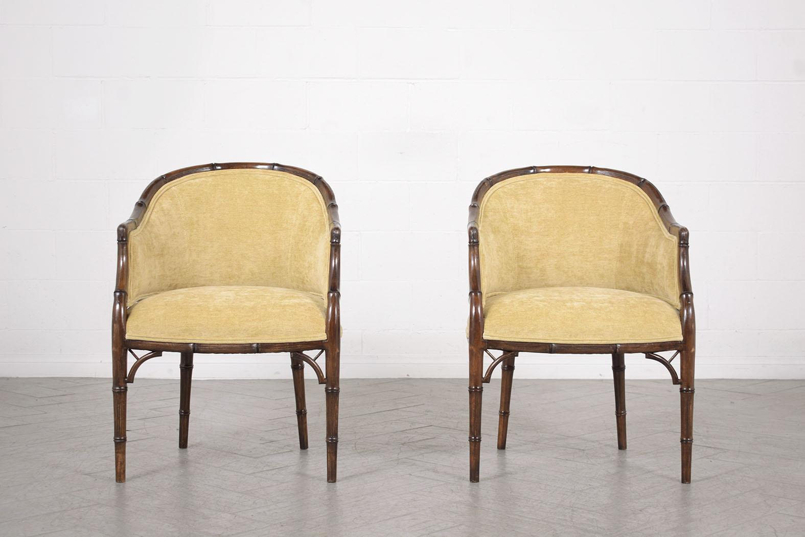 Vintage Hollywood Regency Velvet Armchairs with Bamboo-Carved Frame In Good Condition For Sale In Los Angeles, CA