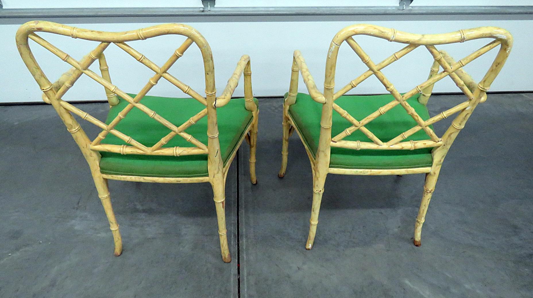 20th Century Pair of Vintage Chinese Chippendale Faux Bamboo Armchairs For Sale
