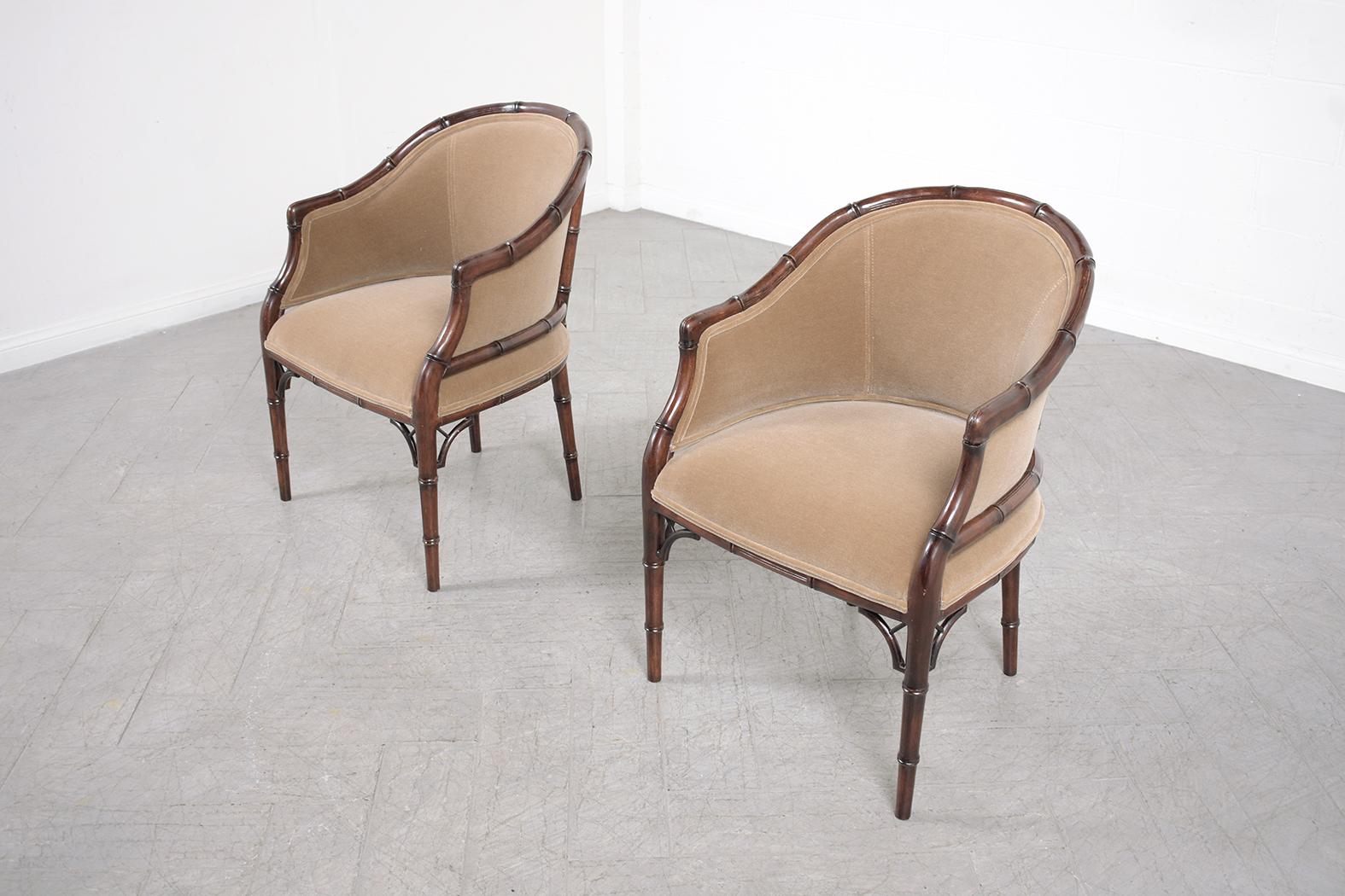 Elegant Vintage Hollywood Regency Armchairs: Bamboo-Carved and Newly Refurbished In Good Condition For Sale In Los Angeles, CA