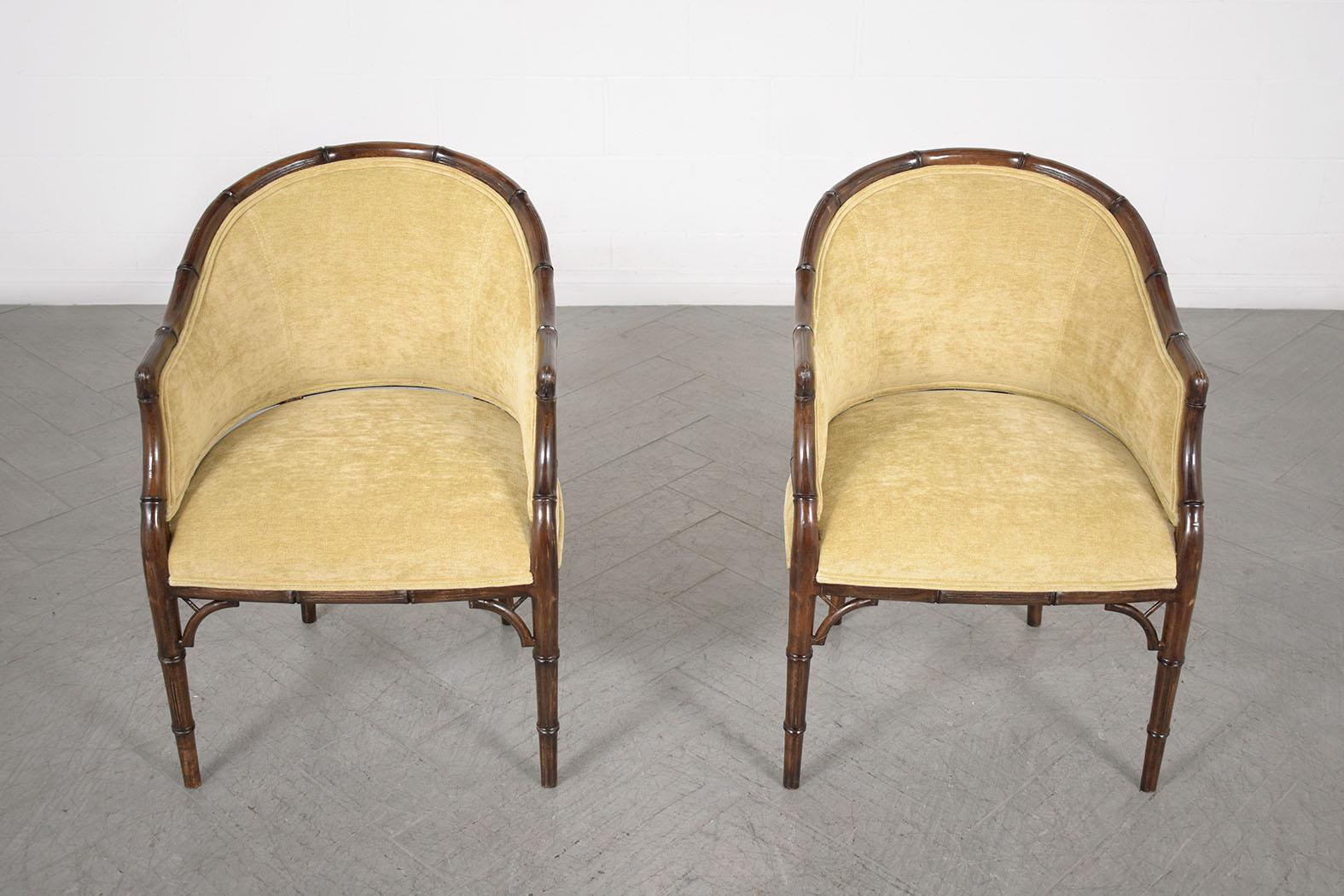 Mid-20th Century Vintage Hollywood Regency Velvet Armchairs with Bamboo-Carved Frame For Sale