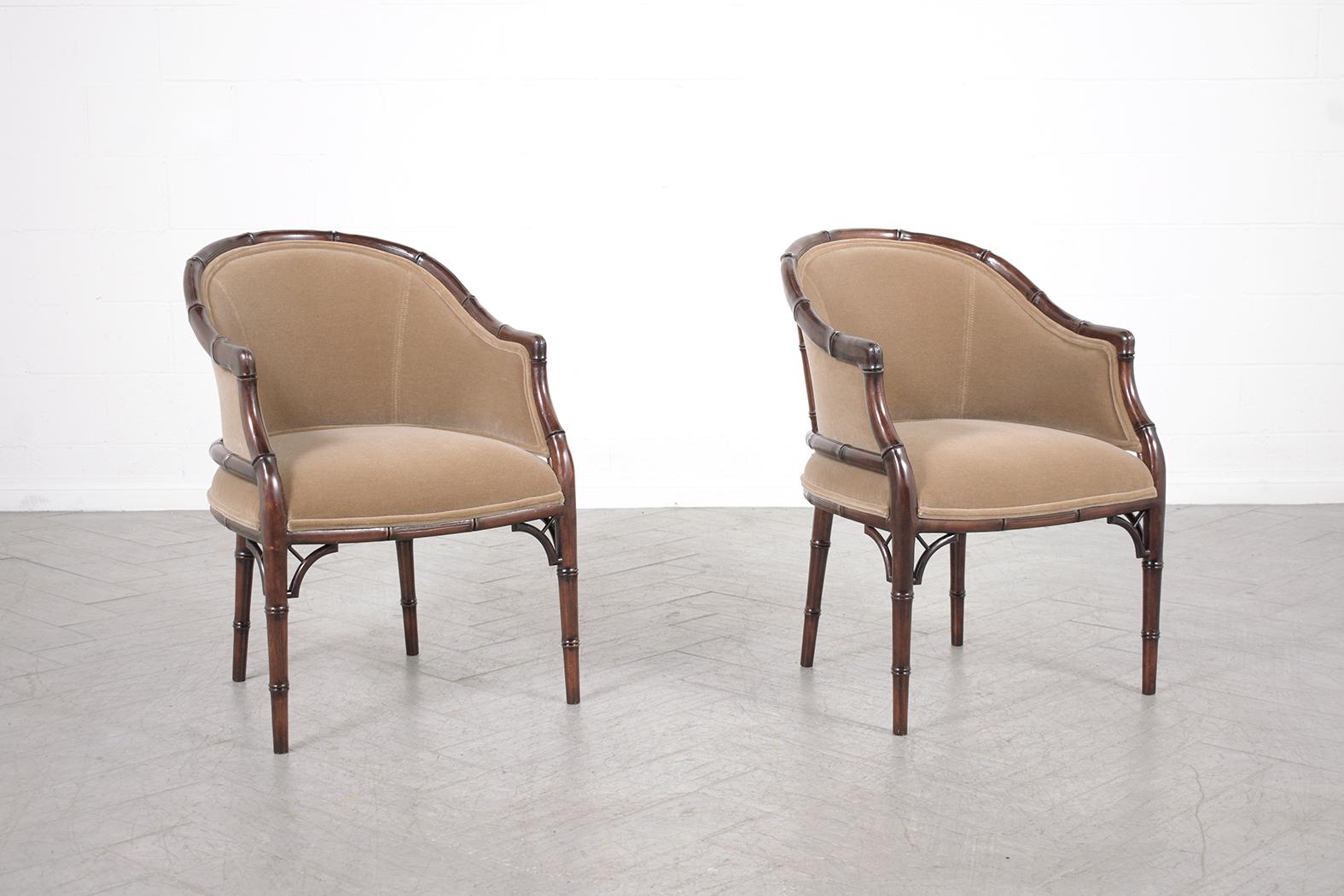 Mid-20th Century Elegant Vintage Hollywood Regency Armchairs: Bamboo-Carved and Newly Refurbished For Sale