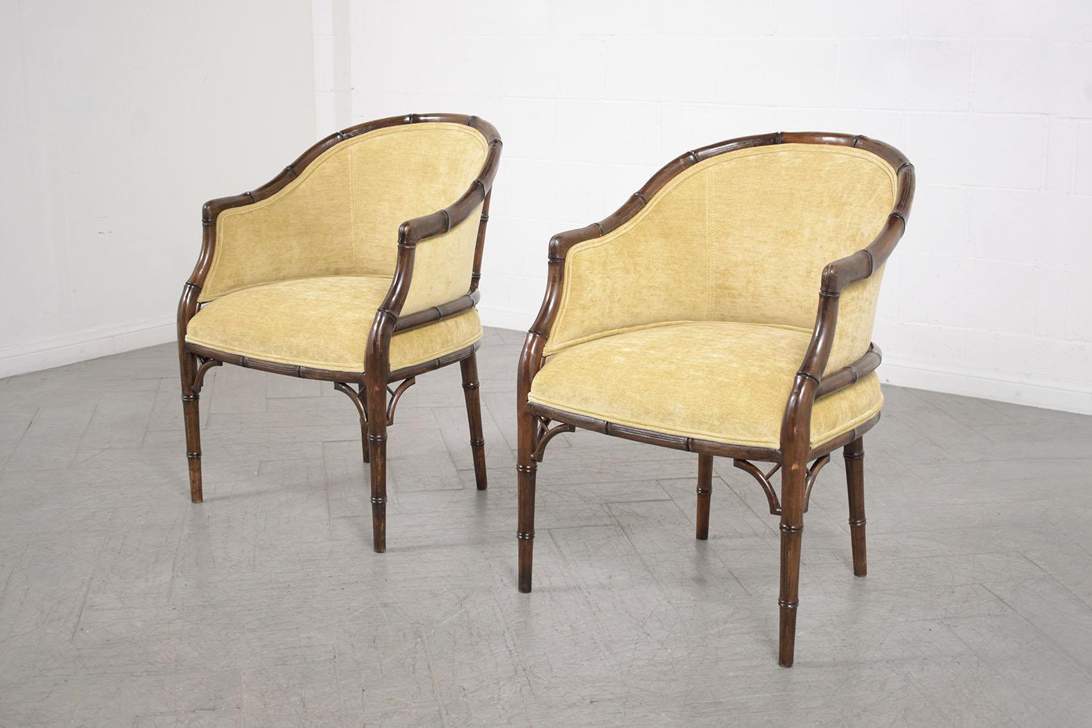 Fabric Vintage Hollywood Regency Velvet Armchairs with Bamboo-Carved Frame For Sale