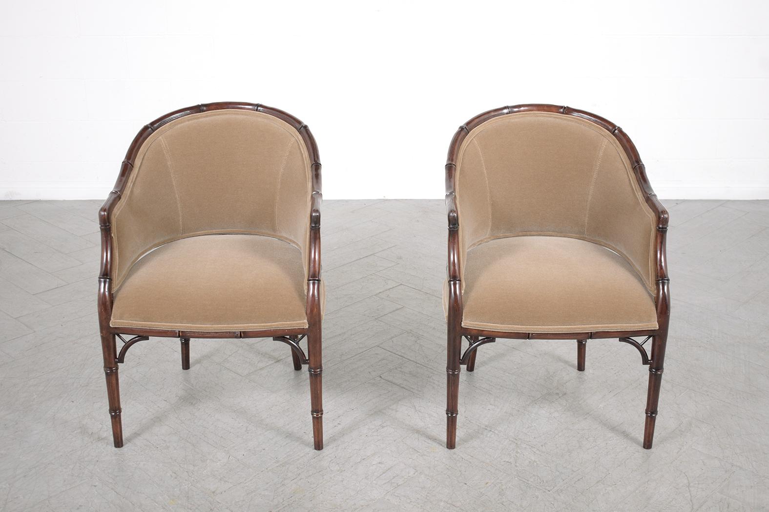 American Elegant Vintage Hollywood Regency Armchairs: Bamboo-Carved and Newly Refurbished For Sale