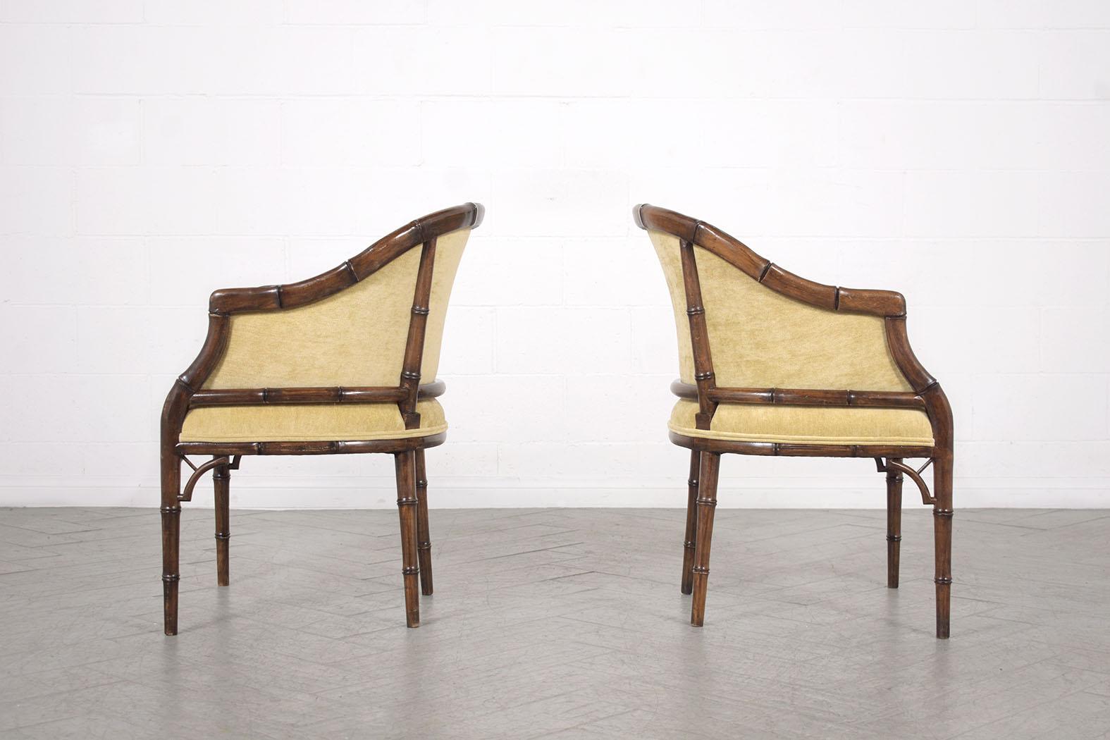 Vintage Hollywood Regency Velvet Armchairs with Bamboo-Carved Frame For Sale 4