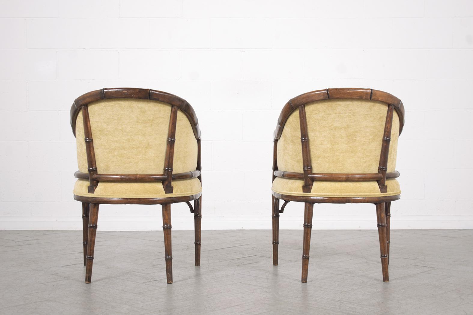 Vintage Hollywood Regency Velvet Armchairs with Bamboo-Carved Frame For Sale 5