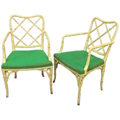 Pair of Vintage Chinese Chippendale Faux Bamboo Armchairs