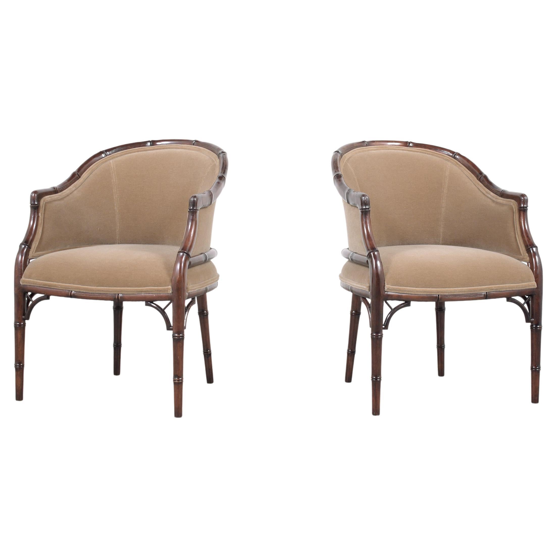 Elegant Vintage Hollywood Regency Armchairs: Bamboo-Carved and Newly Refurbished For Sale