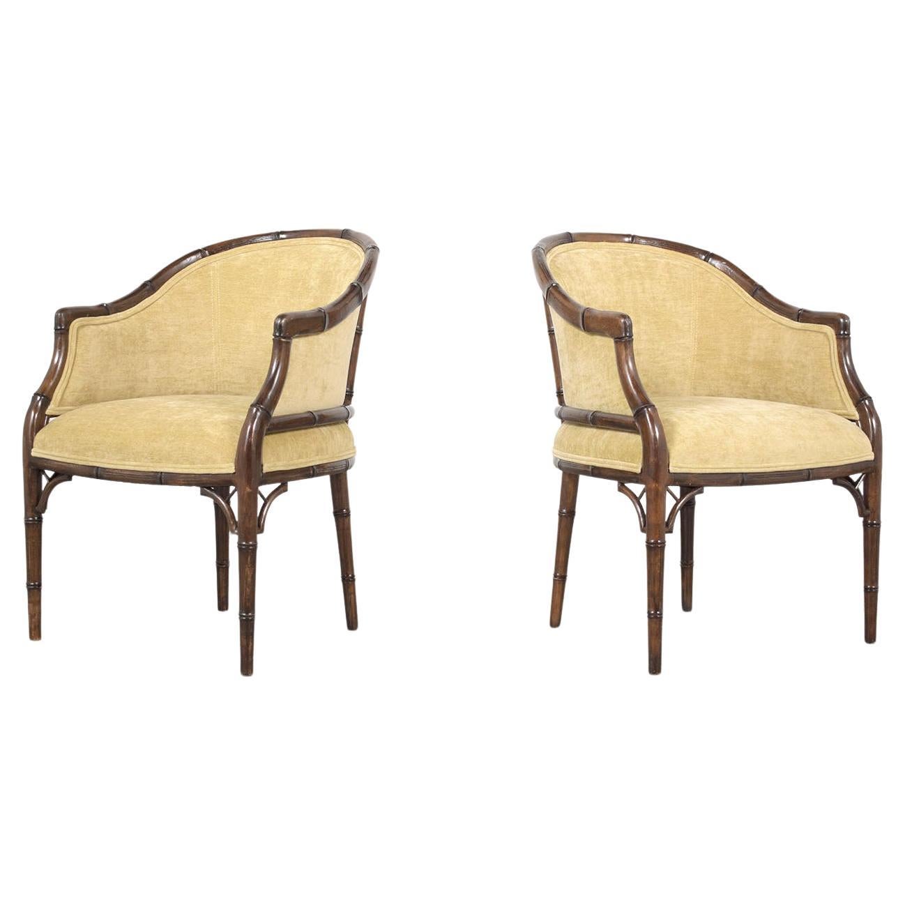 Vintage Hollywood Regency Velvet Armchairs with Bamboo-Carved Frame For Sale