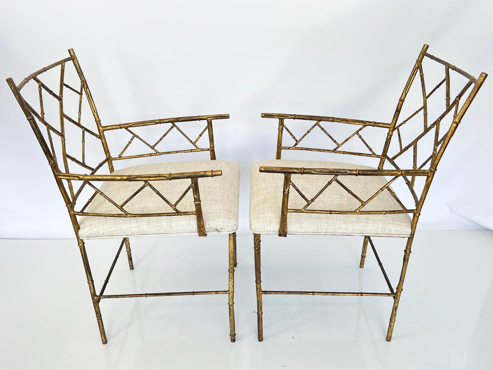 Hollywood Regency Pair of Faux Bamboo Armchairs of Gilt Iron For Sale