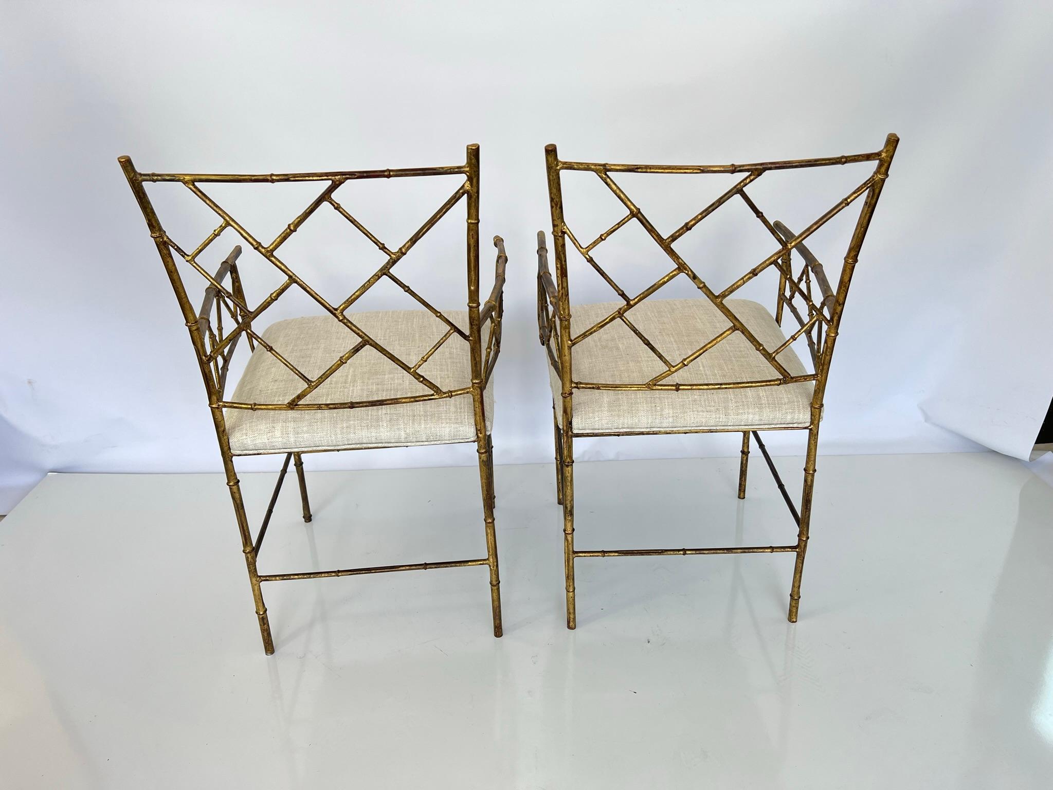 Italian Pair of Faux Bamboo Armchairs of Gilt Iron For Sale