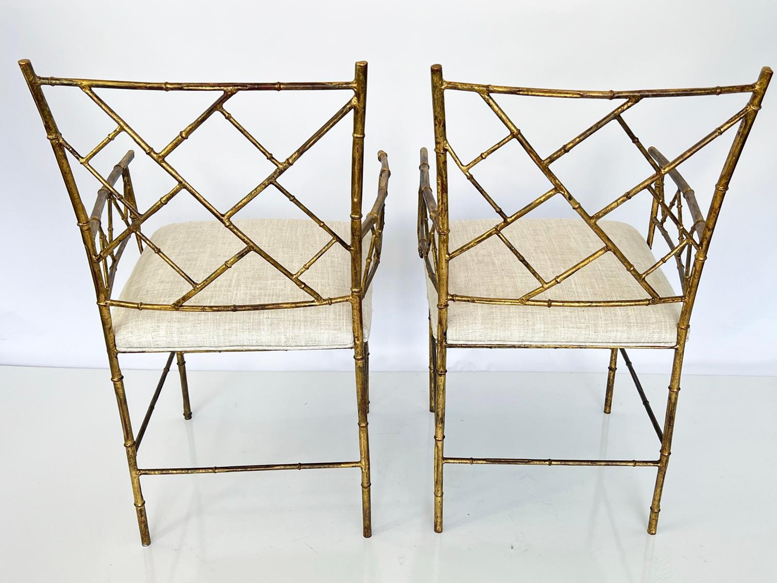 Pair of Faux Bamboo Armchairs of Gilt Iron In Good Condition For Sale In West Palm Beach, FL