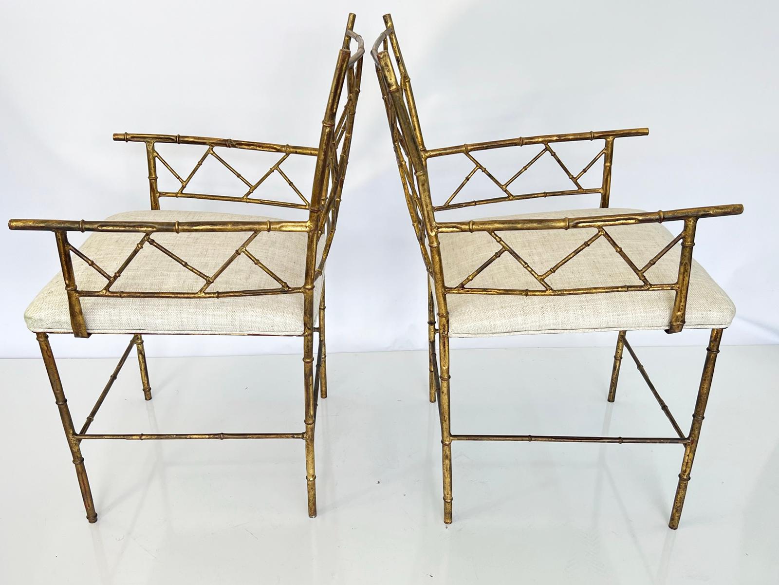Late 20th Century Pair of Faux Bamboo Armchairs of Gilt Iron For Sale