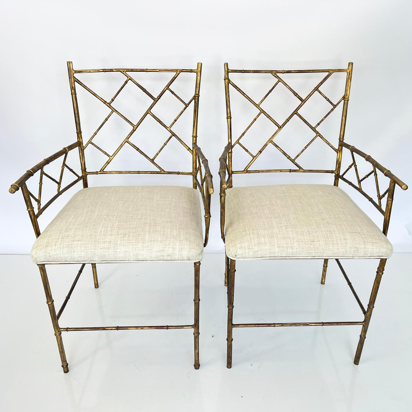 Metal Pair of Faux Bamboo Armchairs of Gilt Iron For Sale