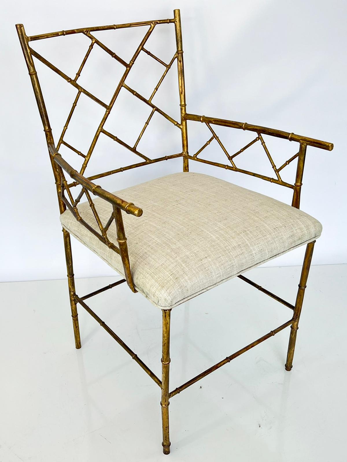 Pair of Faux Bamboo Armchairs of Gilt Iron For Sale 1
