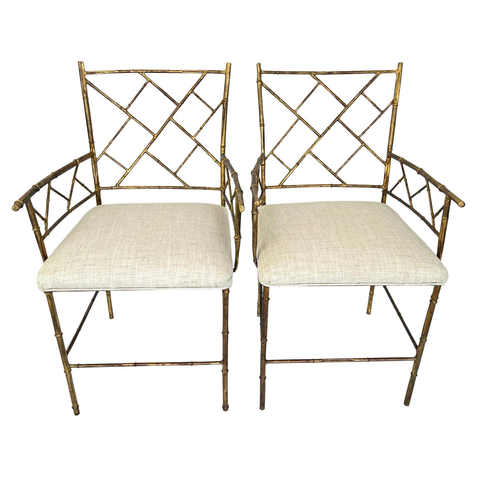 Pair of Faux Bamboo Armchairs of Gilt Iron For Sale