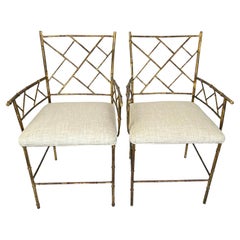 Pair of Faux Bamboo Armchairs of Gilt Iron