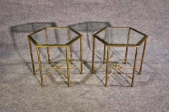 Pair of Faux Bamboo Bagues Style Solid Brass Hexangonal End Tables Circa 1970