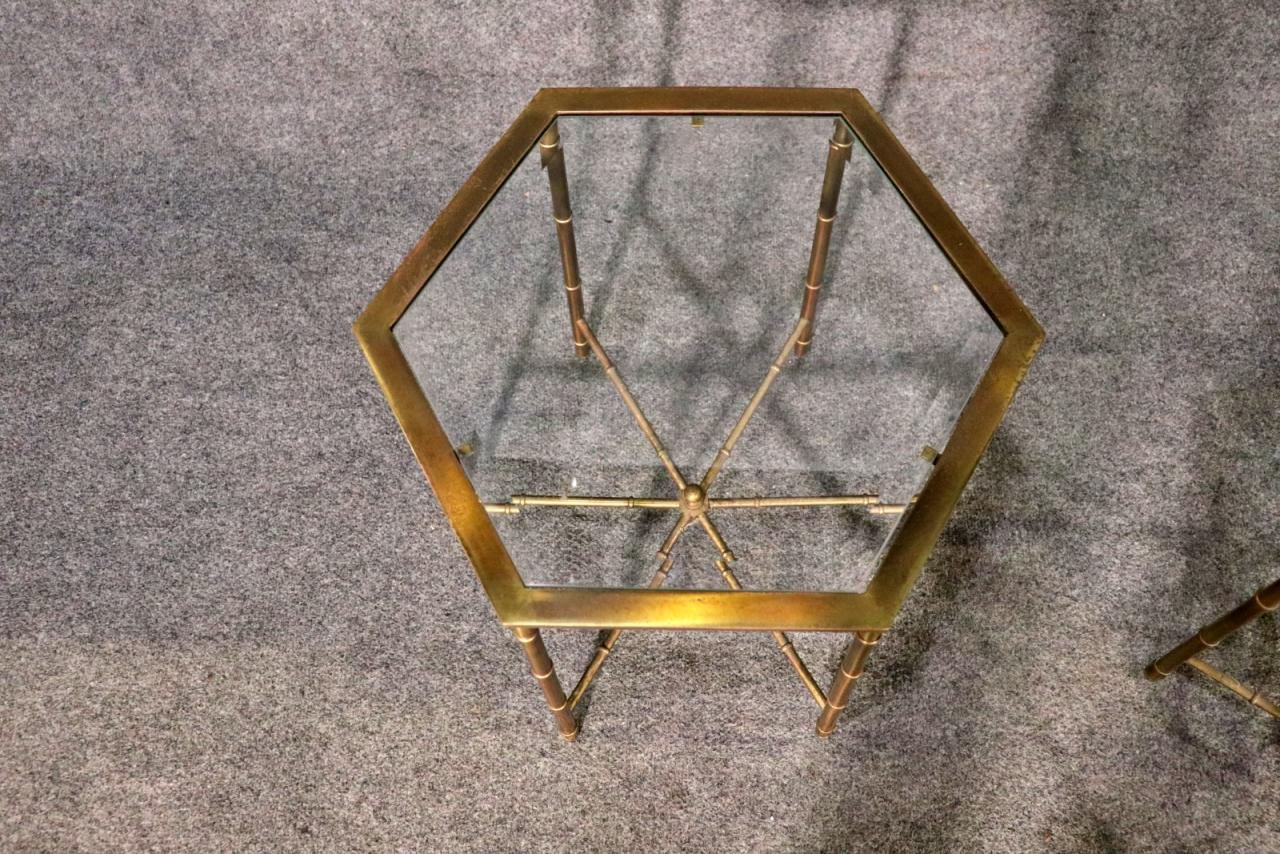 Directoire Pair of Faux Bamboo Bagues Style Solid Brass Hexangonal End Tables Circa 1970 For Sale