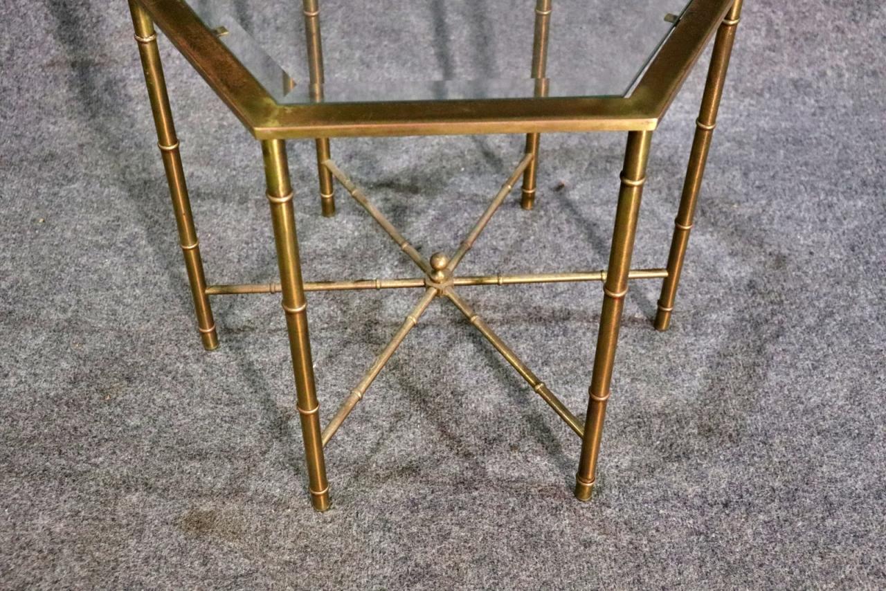 Pair of Faux Bamboo Bagues Style Solid Brass Hexangonal End Tables Circa 1970 In Good Condition For Sale In Swedesboro, NJ