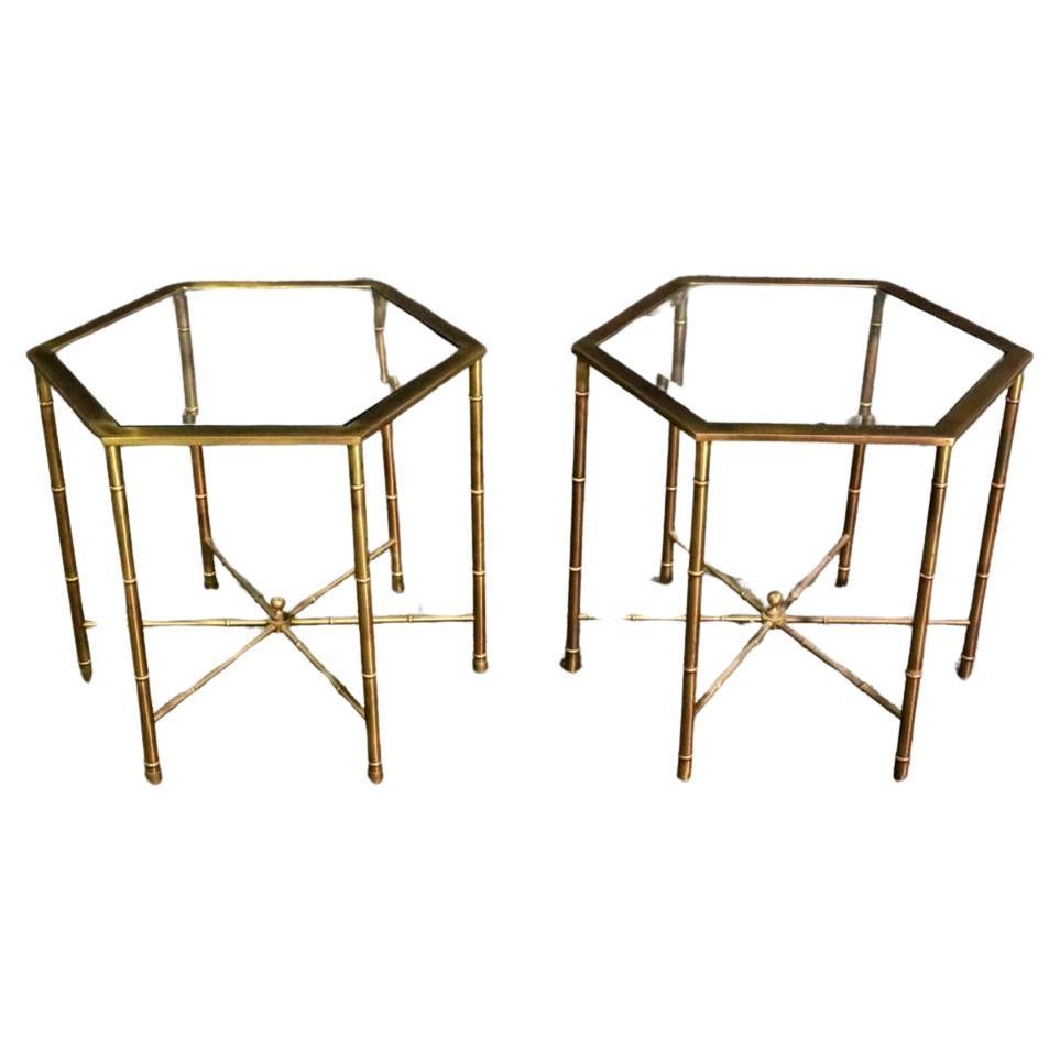 Pair of Faux Bamboo Bagues Style Solid Brass Hexangonal End Tables Circa 1970 For Sale