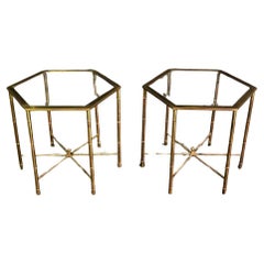 Retro Pair of Faux Bamboo Bagues Style Solid Brass Hexangonal End Tables Circa 1970