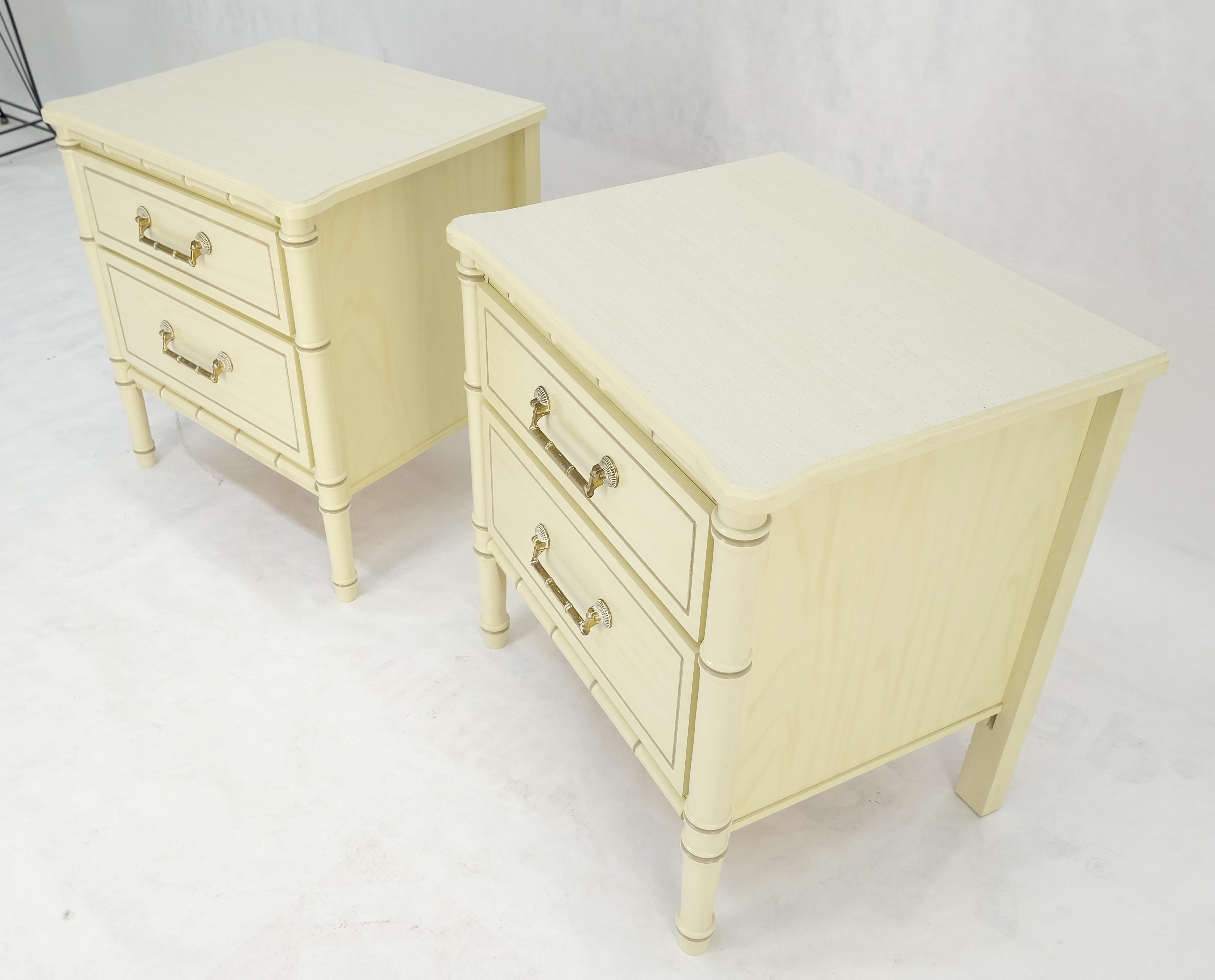 Pair of Faux Bamboo Beige White Lacquer Two Drawers Nightstands End Tables MINT! For Sale 4