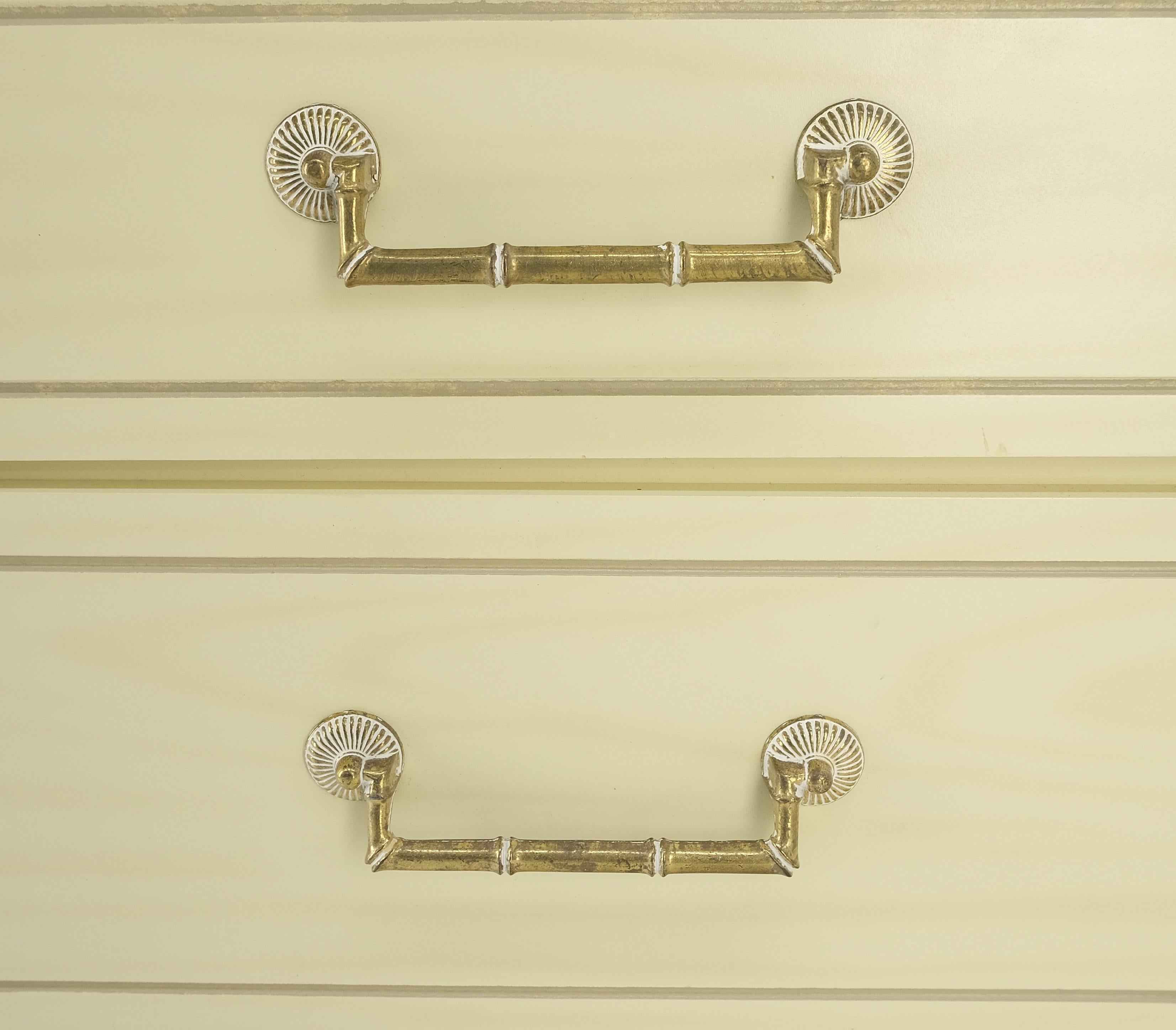 Mid-Century Modern Pair of Faux Bamboo Beige White Lacquer Two Drawers Nightstands End Tables MINT! For Sale
