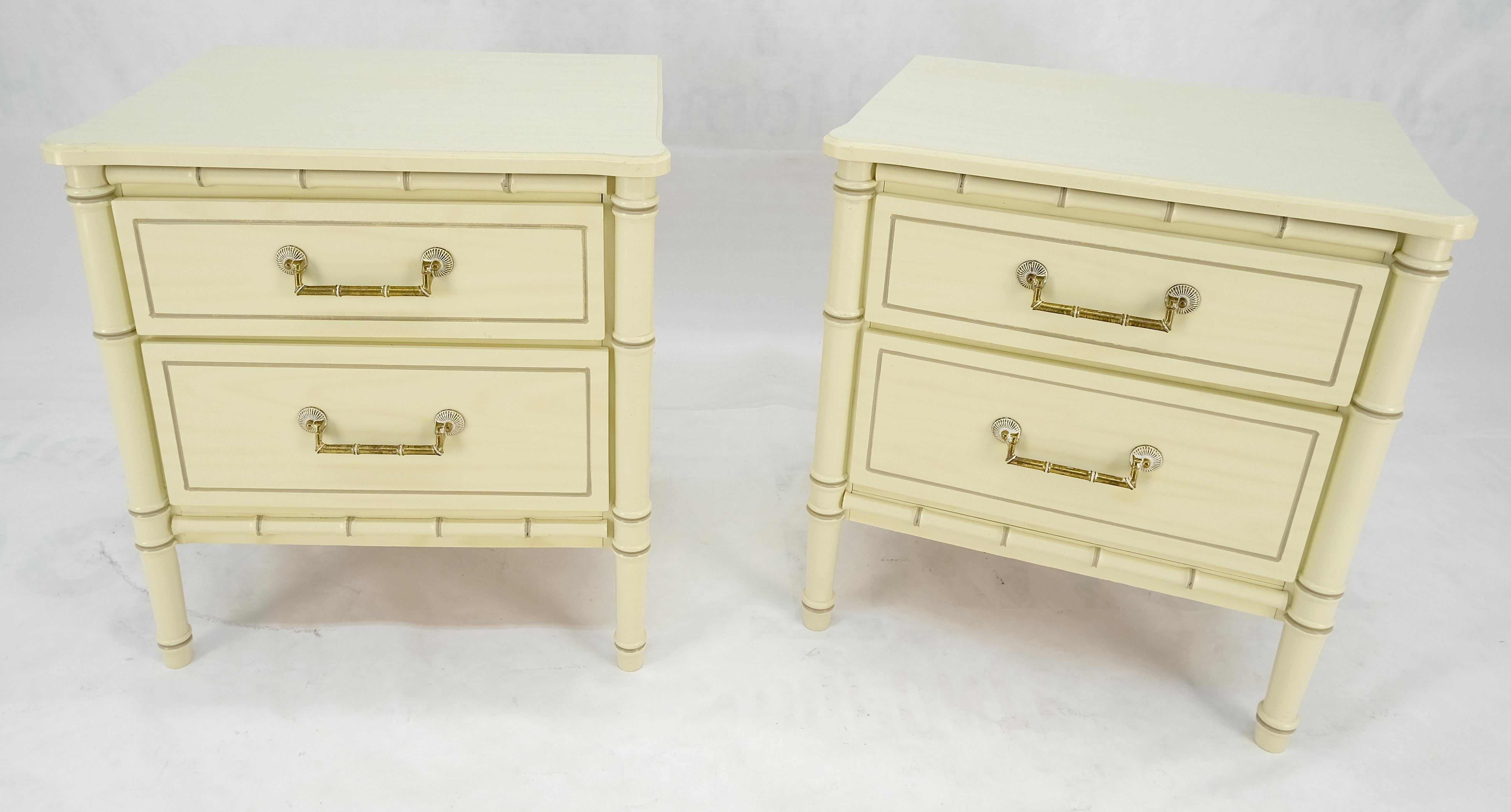 Lacquered Pair of Faux Bamboo Beige White Lacquer Two Drawers Nightstands End Tables MINT! For Sale