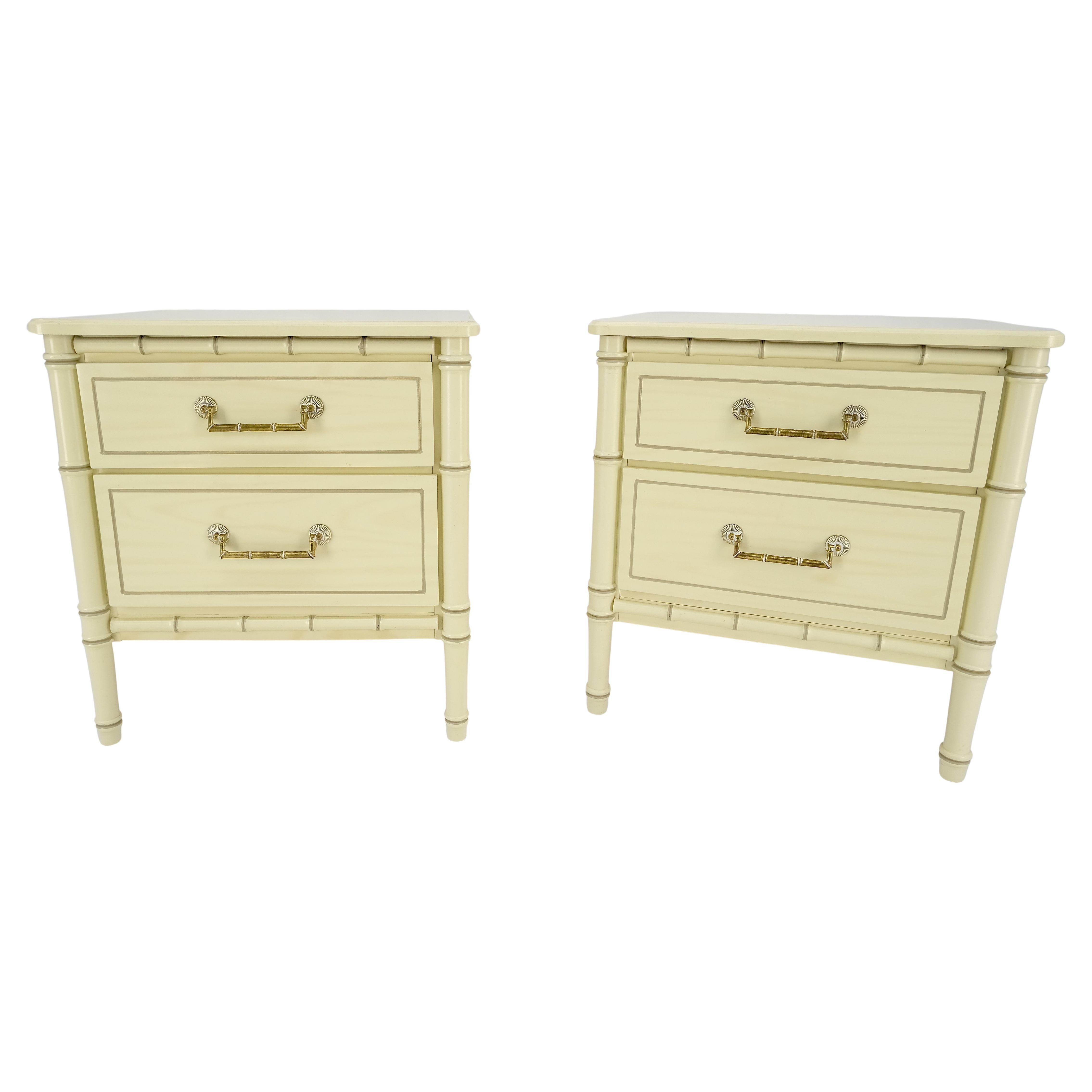 Pair of Faux Bamboo Beige White Lacquer Two Drawers Nightstands End Tables MINT! For Sale