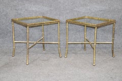 Pair of Faux Bamboo Brass Bagues Style Glass Top End Tables Circa 1970