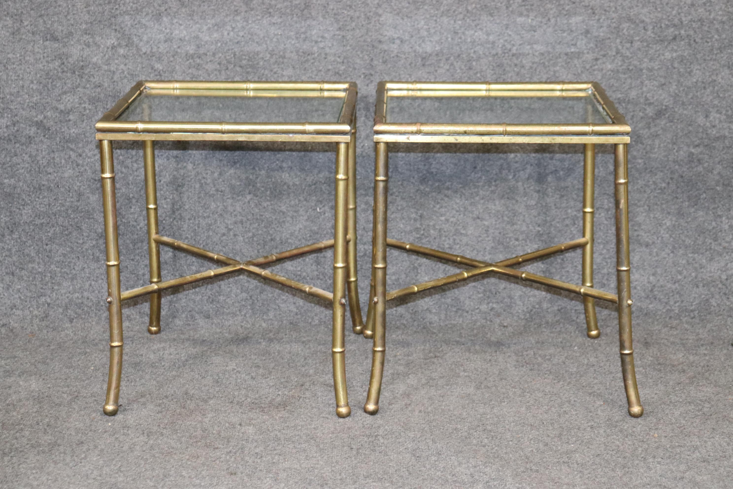 French Pair of Faux Bamboo Brass Bagues Style Glass Top End Tables Circa 1970 For Sale