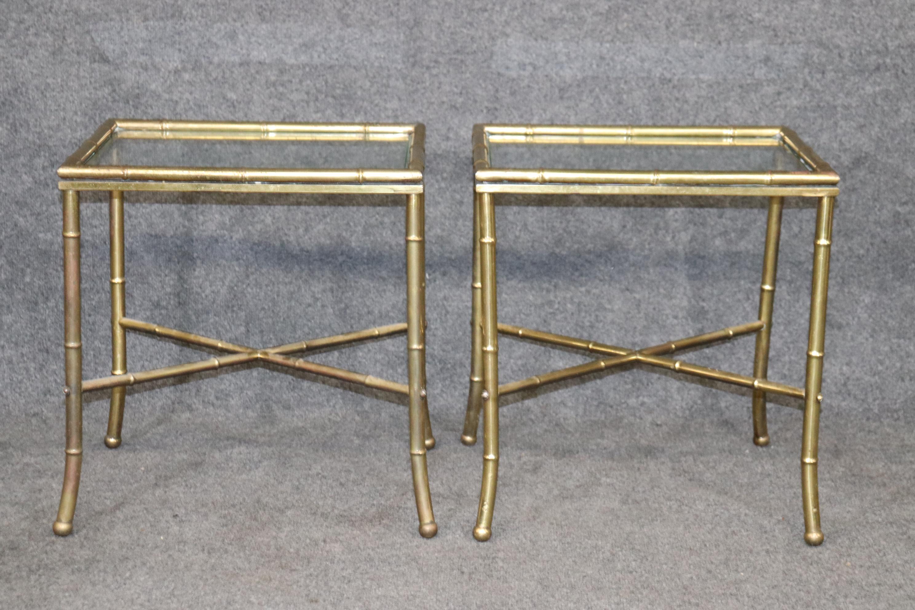 Pair of Faux Bamboo Brass Bagues Style Glass Top End Tables Circa 1970 In Good Condition For Sale In Swedesboro, NJ