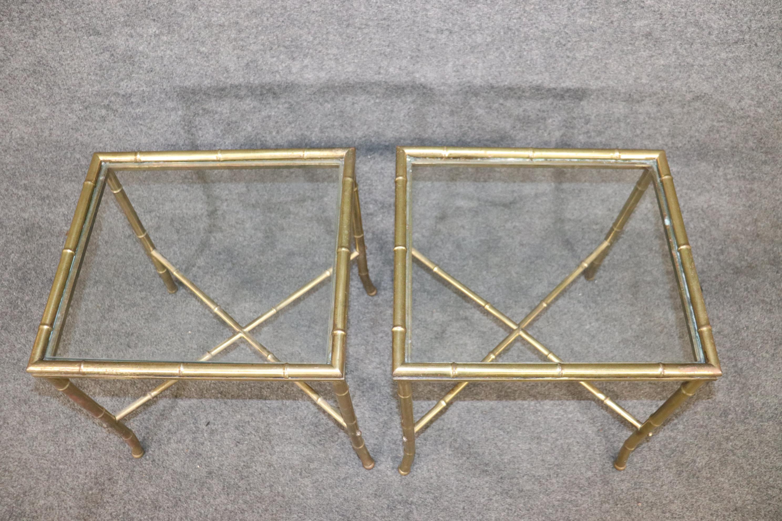 Late 20th Century Pair of Faux Bamboo Brass Bagues Style Glass Top End Tables Circa 1970 For Sale