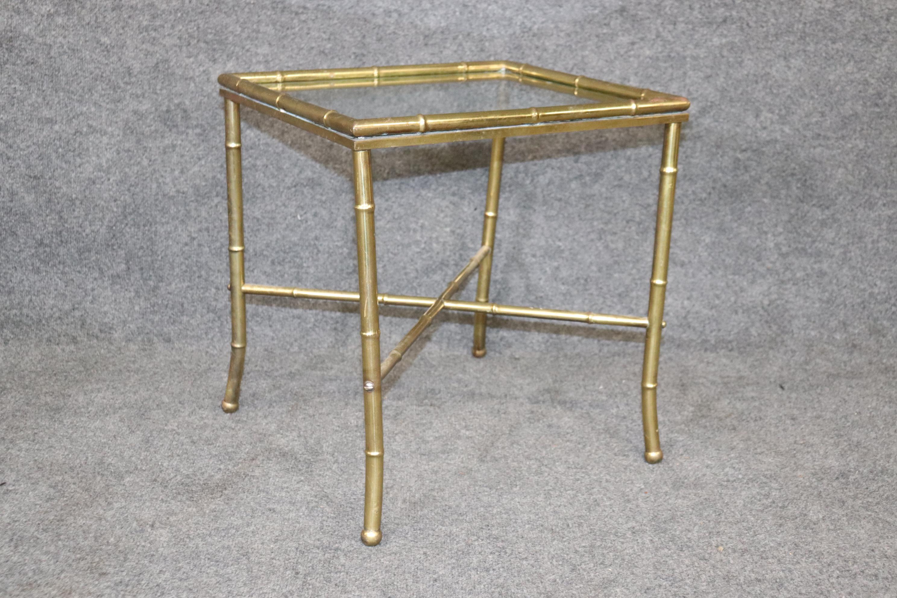 Pair of Faux Bamboo Brass Bagues Style Glass Top End Tables Circa 1970 For Sale 1