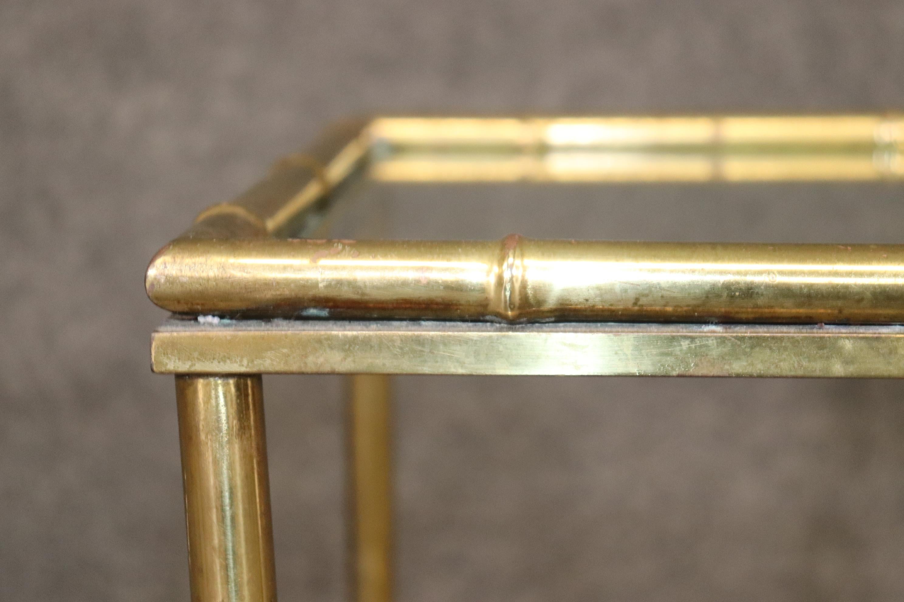 Pair of Faux Bamboo Brass Bagues Style Glass Top End Tables Circa 1970 For Sale 3