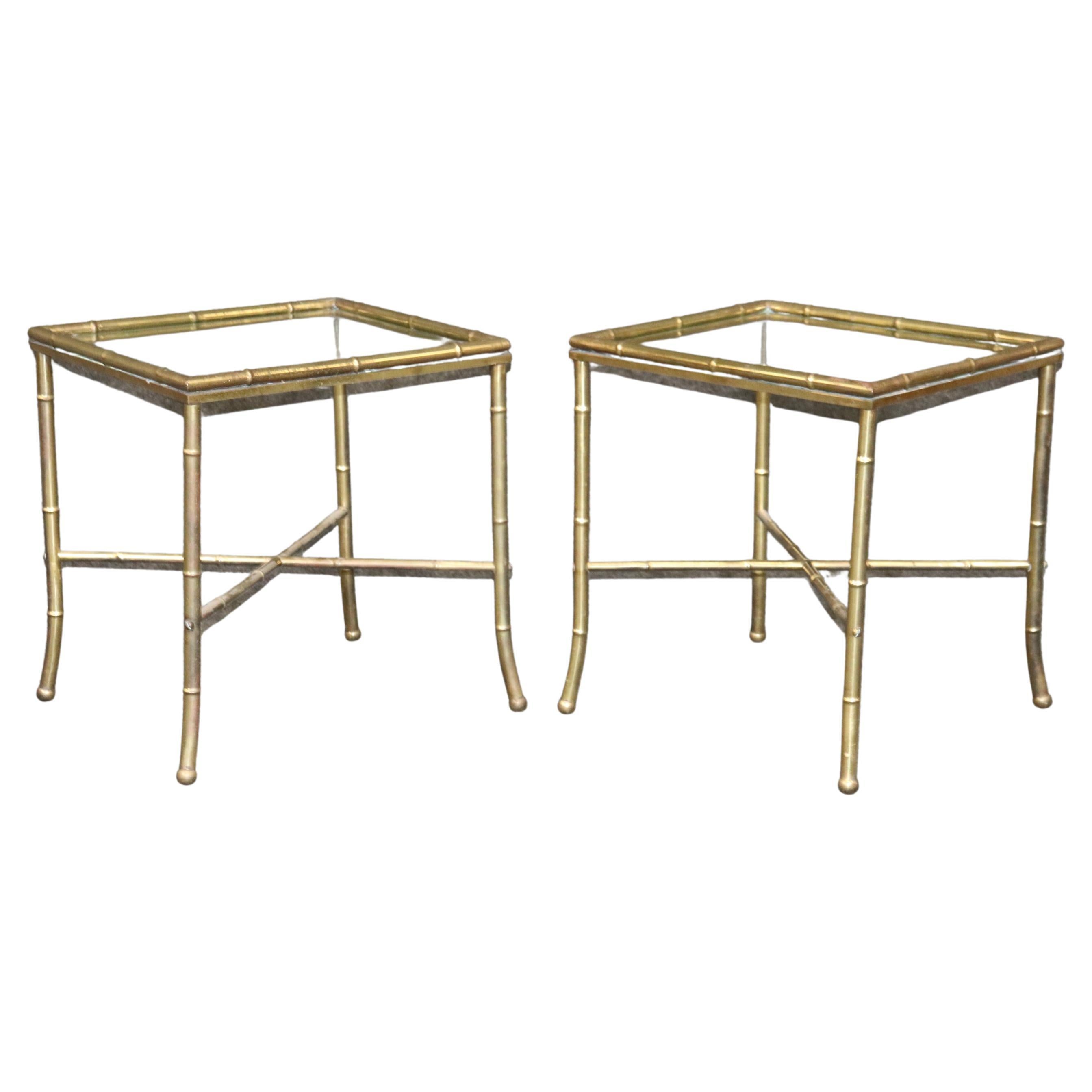 Pair of Faux Bamboo Brass Bagues Style Glass Top End Tables Circa 1970 For Sale