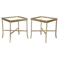 Pair of Faux Bamboo Brass Bagues Style Glass Top End Tables Circa 1970