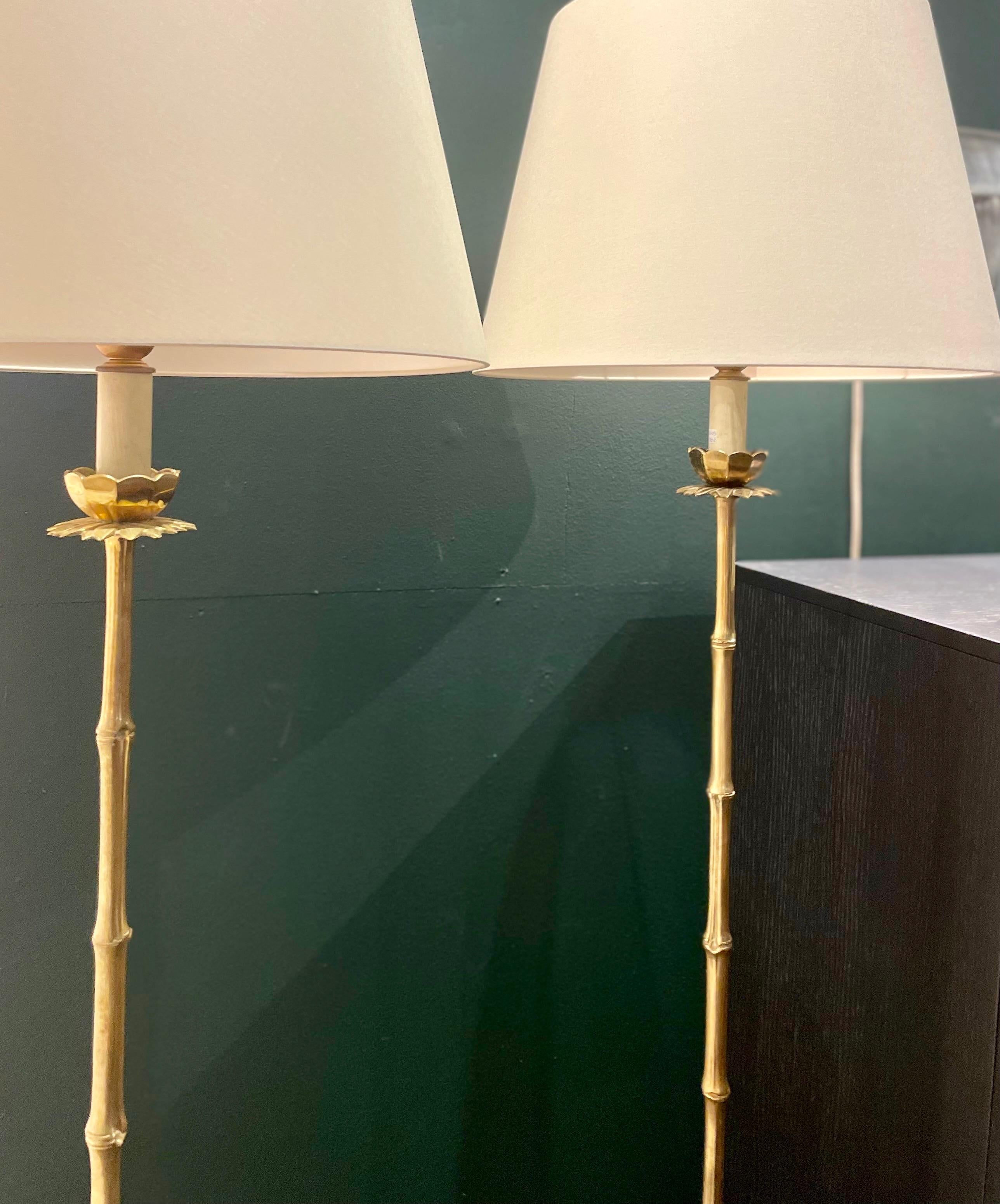 Pair of Faux Bamboo Brass Floor Lamp  by Maison Baguès, France, 1960. For Sale 4
