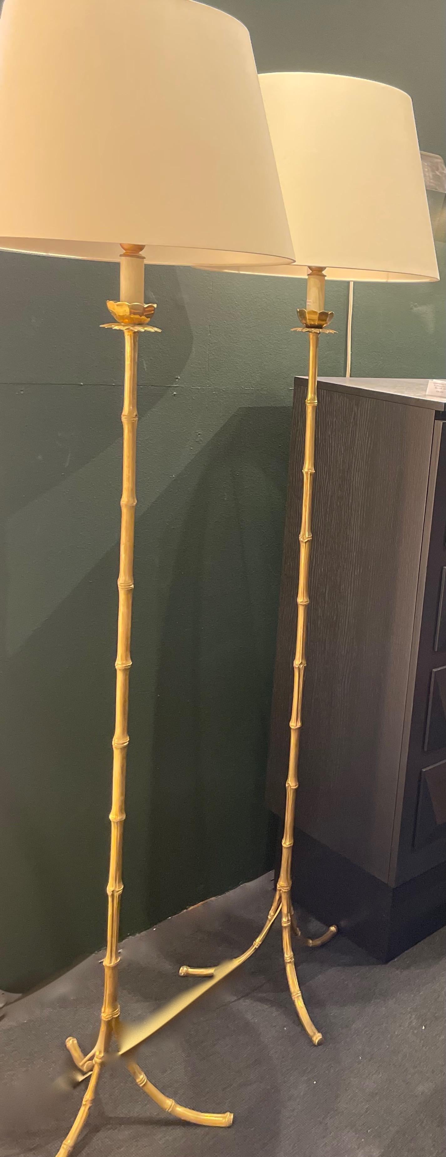 Pair of Faux Bamboo Brass Floor Lamp  by Maison Baguès, France, 1960. For Sale 6
