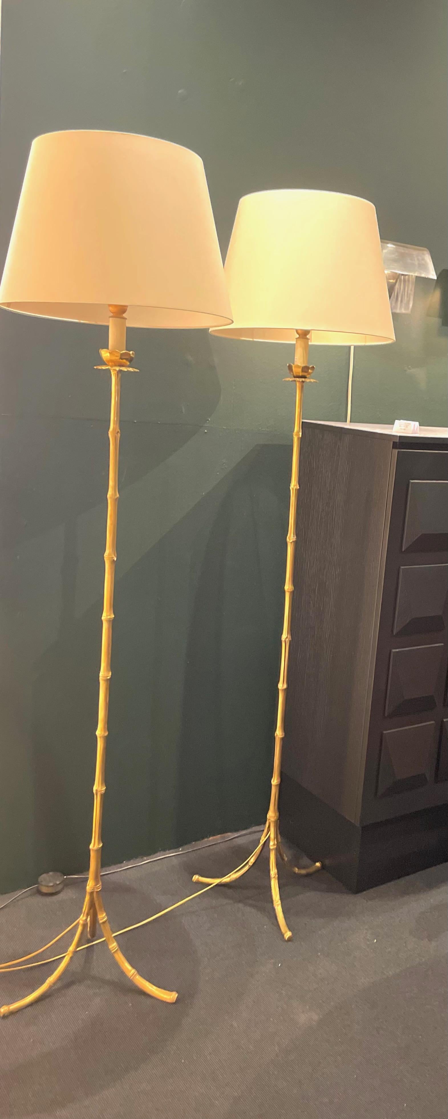 Pair of Faux Bamboo Brass Floor Lamp  by Maison Baguès, France, 1960. For Sale 10