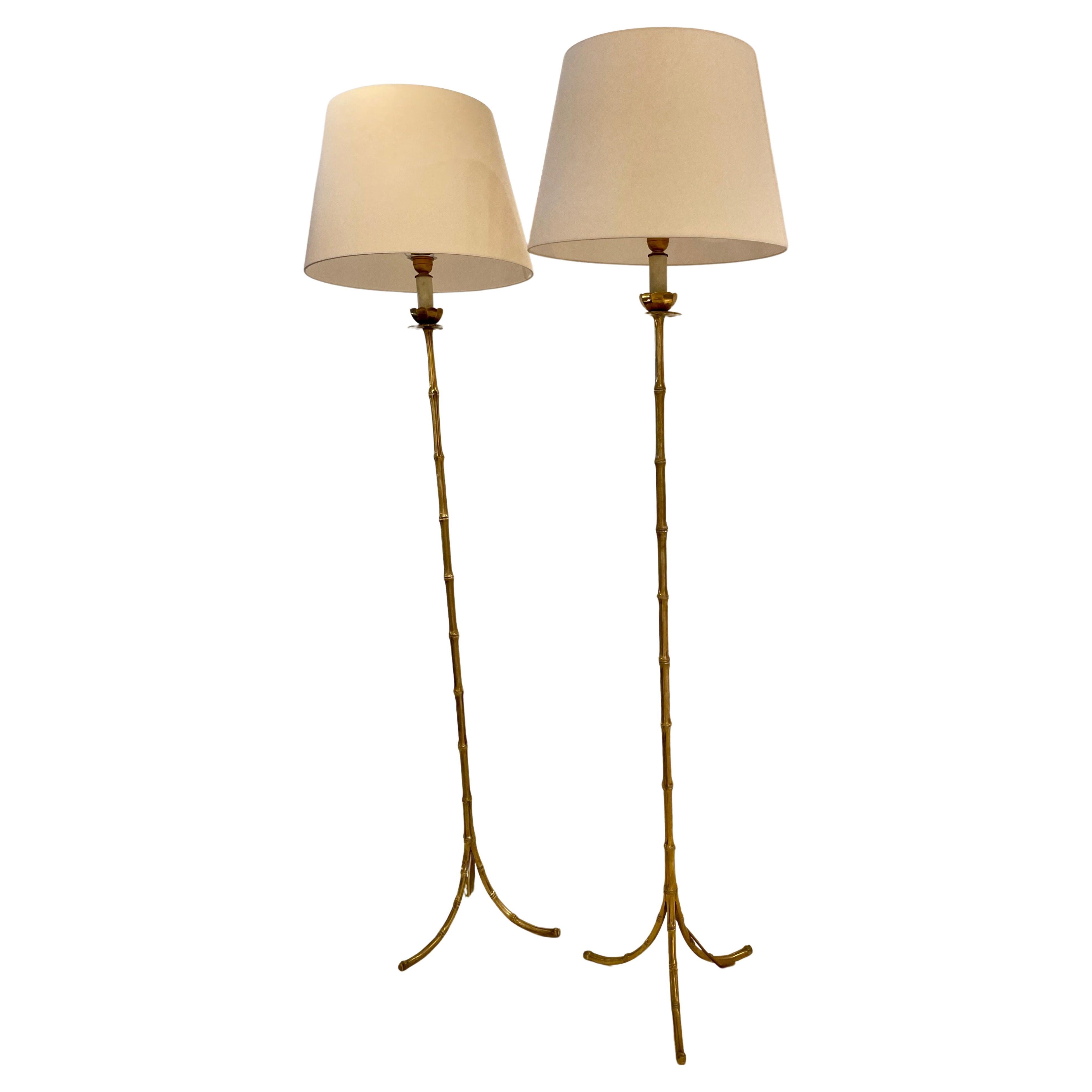 Pair of Faux Bamboo Brass Floor Lamp  by Maison Baguès, France, 1960.