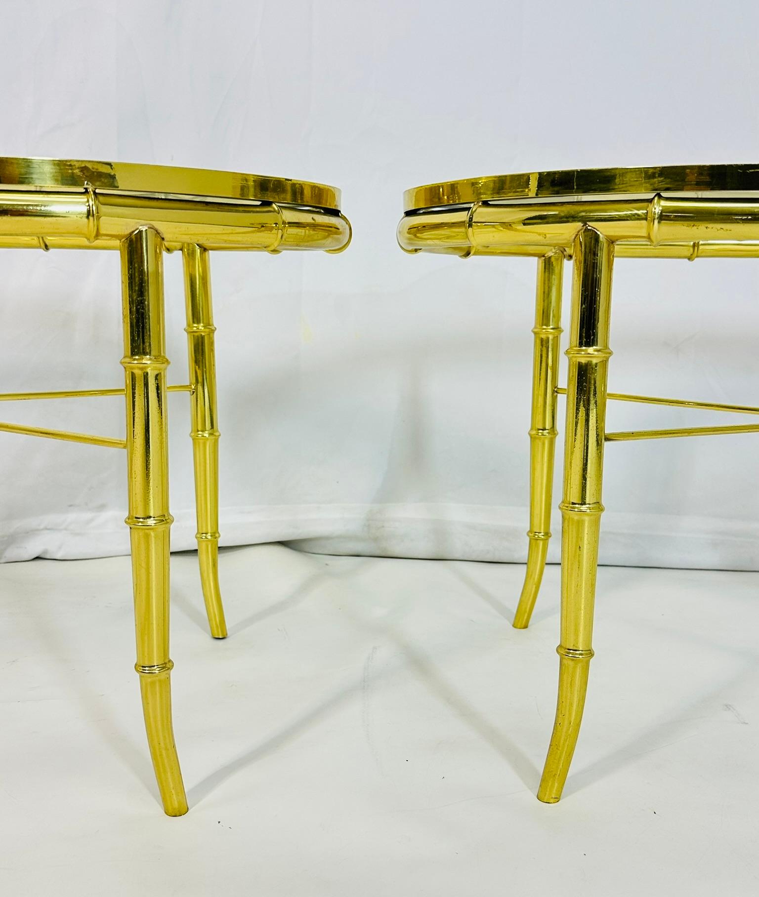 Pair of Faux Bamboo Brass & Glass, Oval Side Tables in the style of Mastercraft For Sale 3